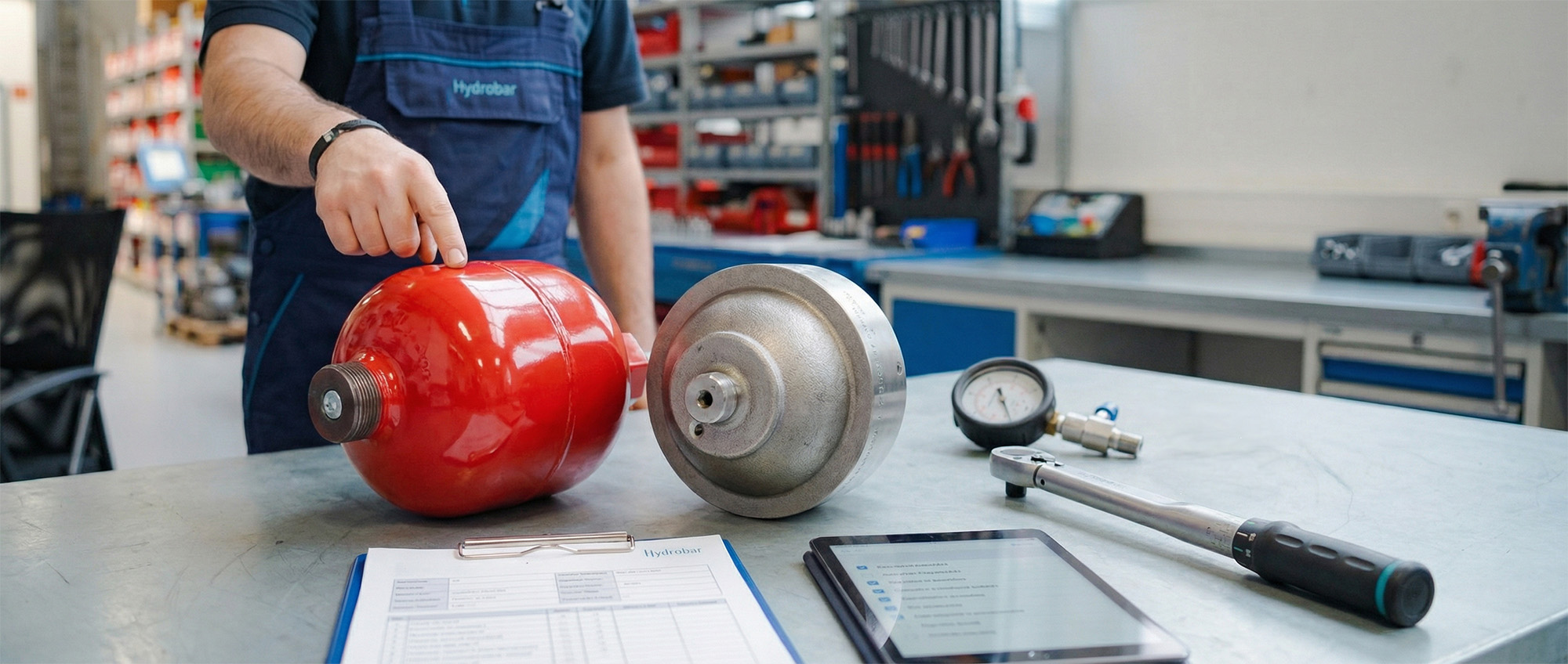 Techniker prüft einen Hydraulik-Druckspeicher bei Wartung und Service in der Werkstatt