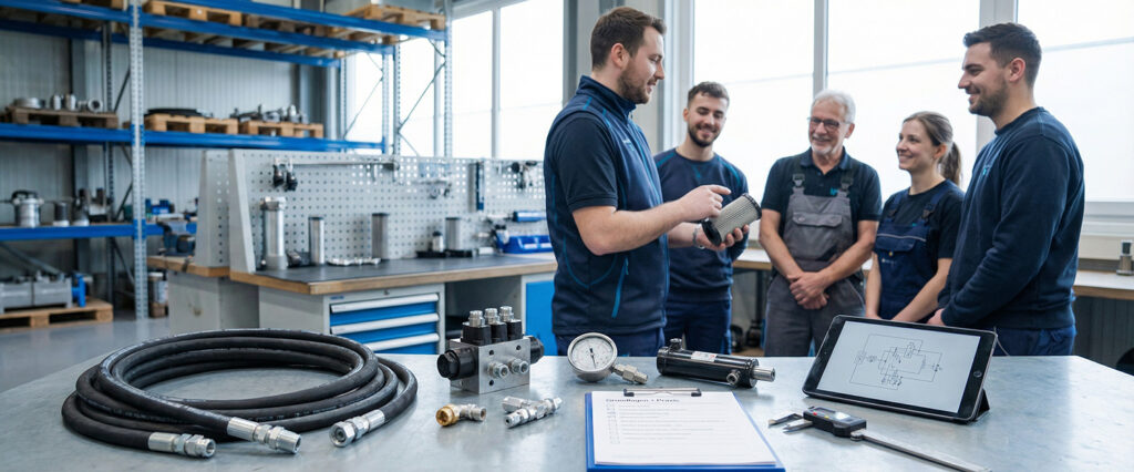 Trainer erklärt Hydraulikkomponenten während einer Hydraulik-Grundlagen-Schulung