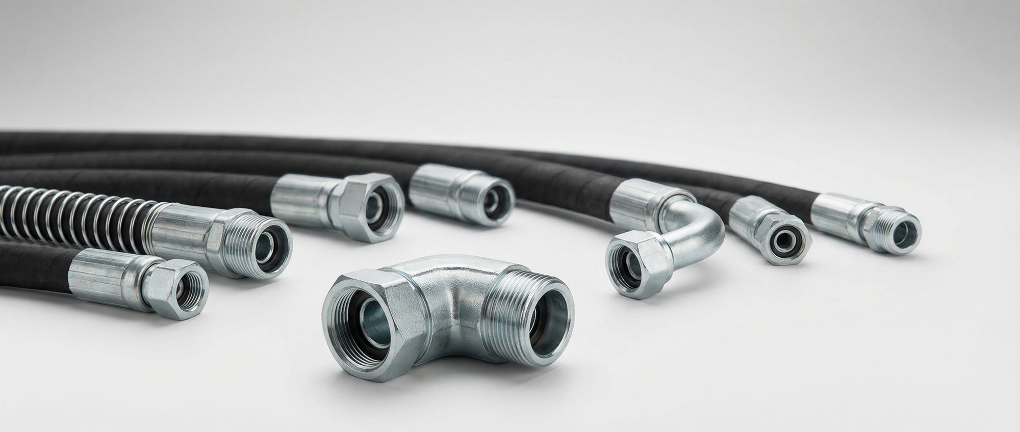 Hydraulikschlauchleitungen mit verschiedenen Verschraubungen und Anschlüssen für Hydraulikanlagen