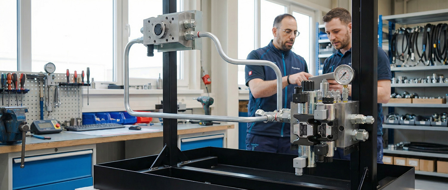 Hydraulik Sonderlösung mit Ventilblock und Druckanzeige bei Beratung und Prüfung in der Werkstatt