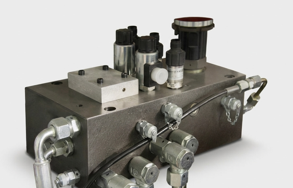 Hydraulischer Steuerblock mit Ventilen und Sensoren für industrielle Hydrauliksysteme.