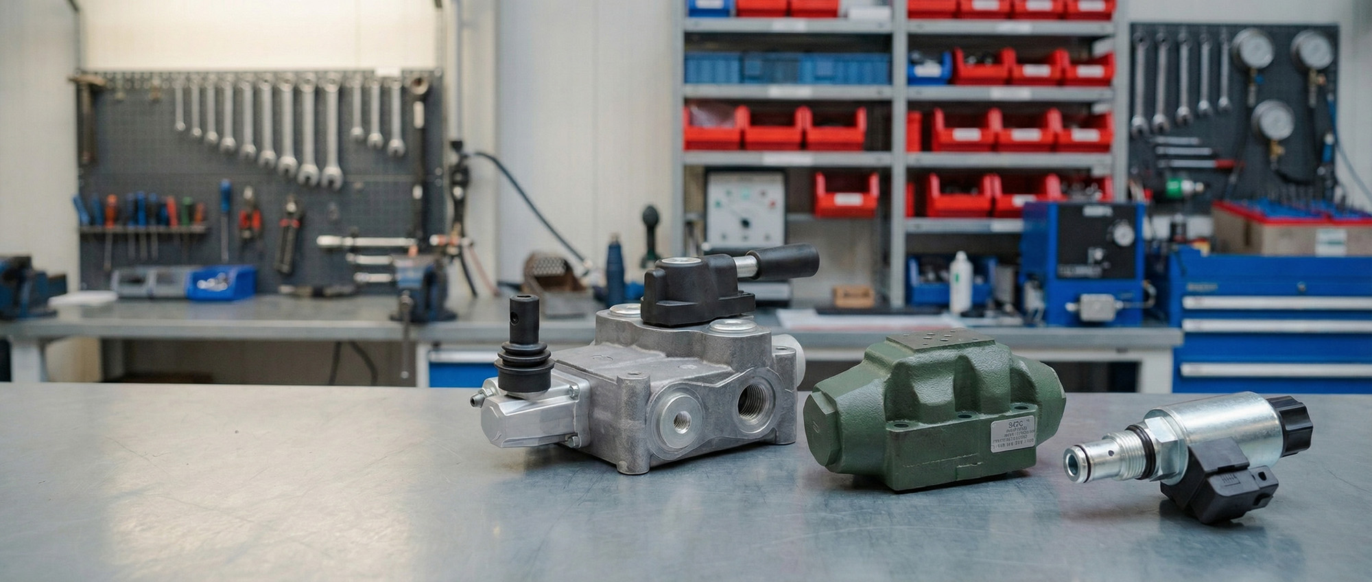 Verschiedene Hydraulikventile auf Werkbank in einer Hydraulikwerkstatt