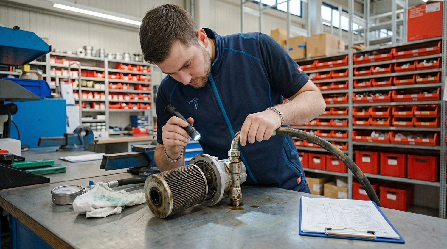 Wartungs-Basics und Ölpflege an einem Hydraulikfilter in einer Hydraulik-Schulung