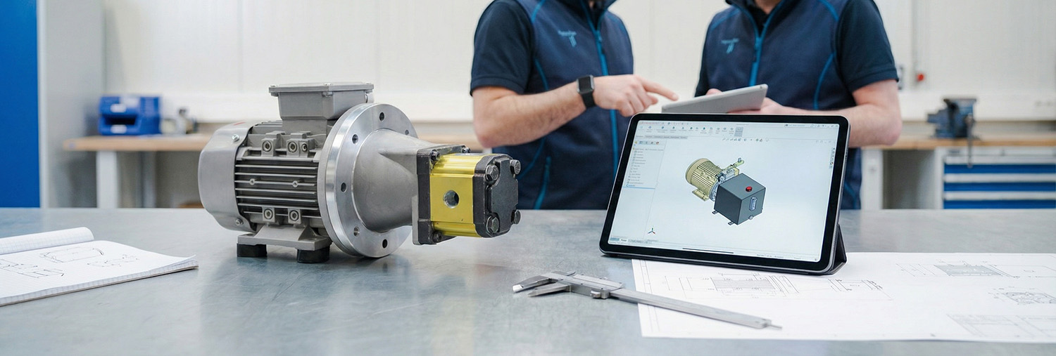 Auslegung und Beratung für Hydraulikaggregat mit CAD-Modell und Hydraulikpumpe auf Werkbank.