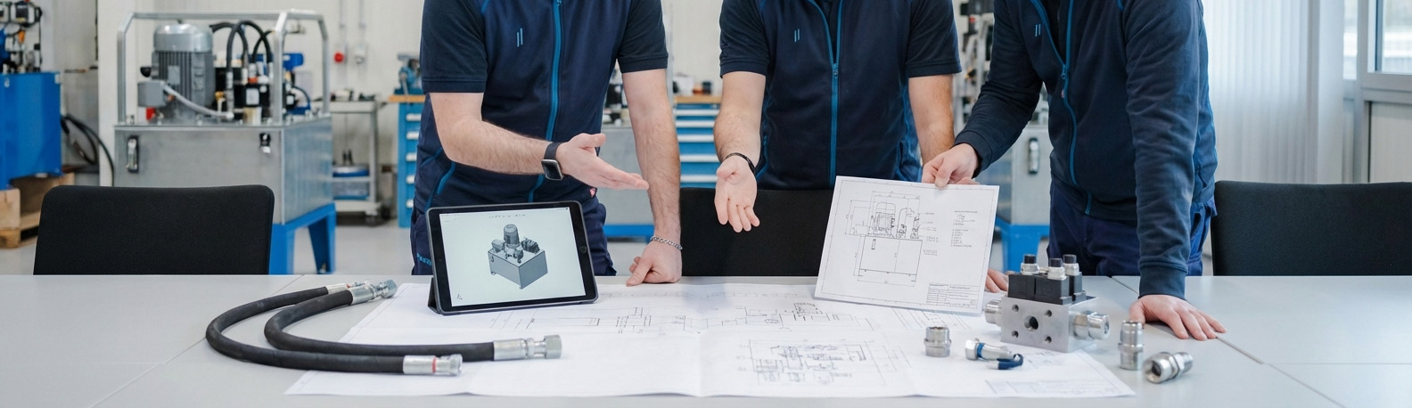 Ingenieure besprechen Planung eines Hydraulikaggregats mit Zeichnungen und CAD-Modell.