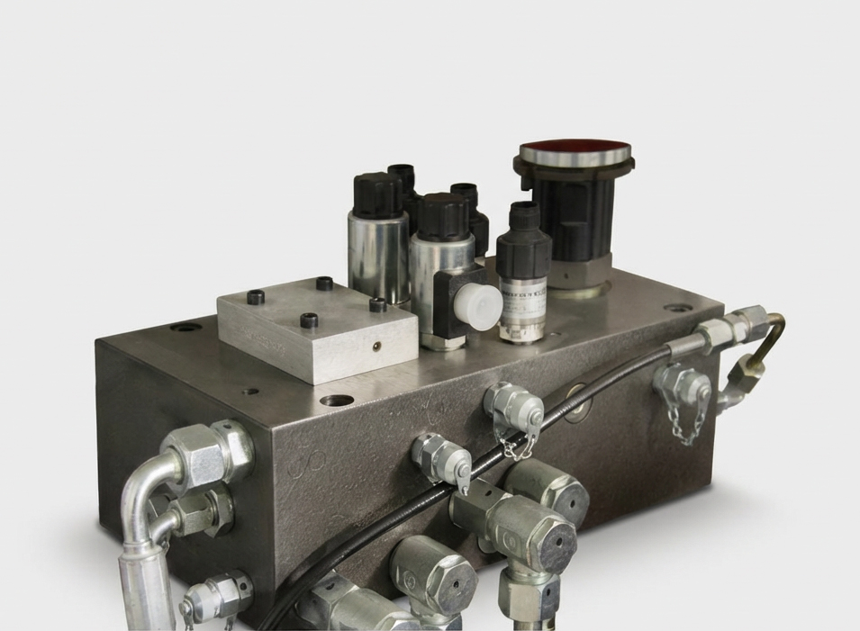 Hydraulikaggregat Sonderlösung im Aggregatebau mit Ventilblock, Sensorik und Hydraulikanschlüssen