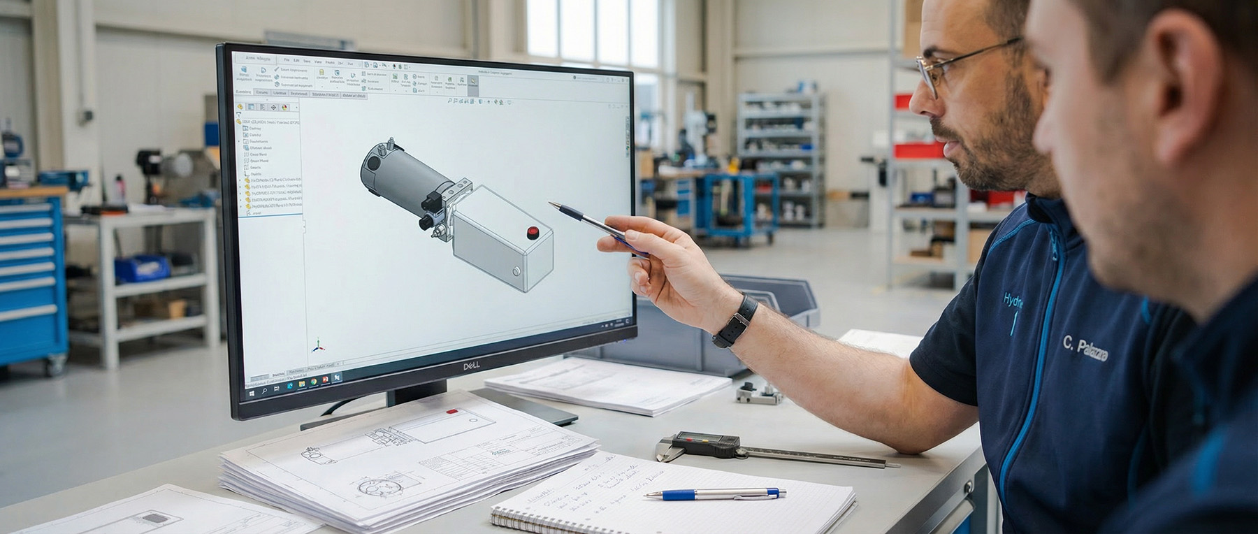 Ingenieure prüfen ein Hydraulikprojekt anhand eines CAD-Modells auf dem Bildschirm