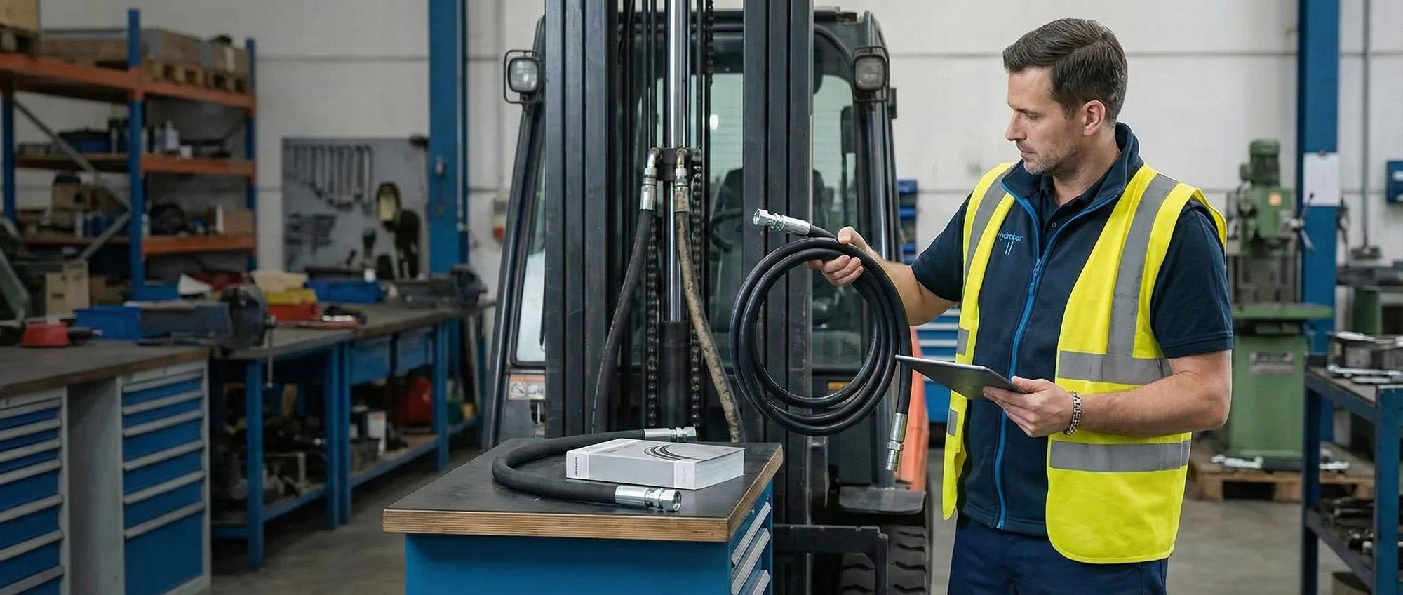Servicetechniker überprüft einen Hydraulikschlauch mit Tablet vor einem Gabelstapler im Rahmen eines Hydraulikschlauch-Service.
