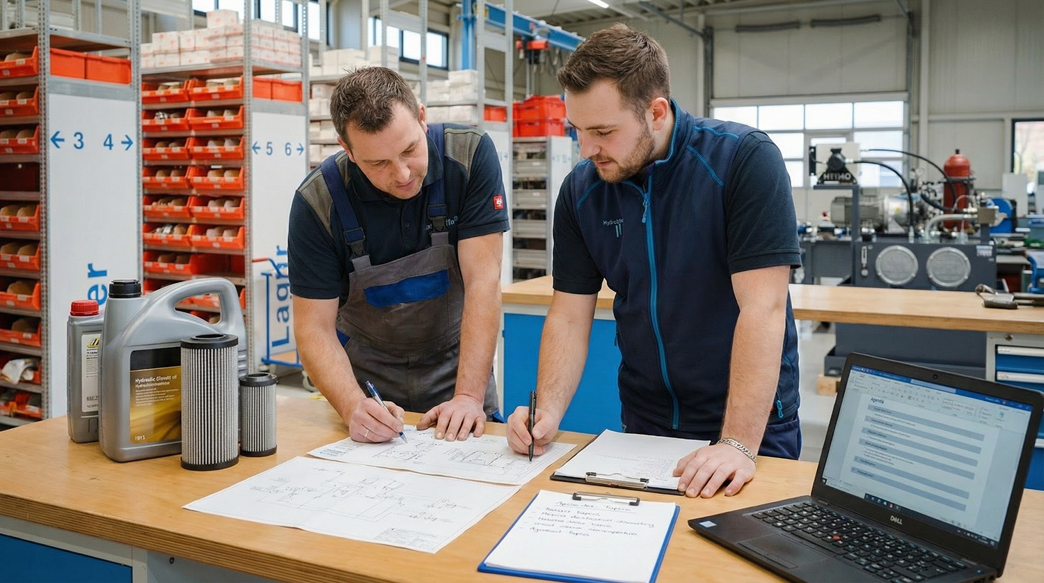 Zwei Techniker besprechen individuelle Inhalte einer Hydraulikschulung