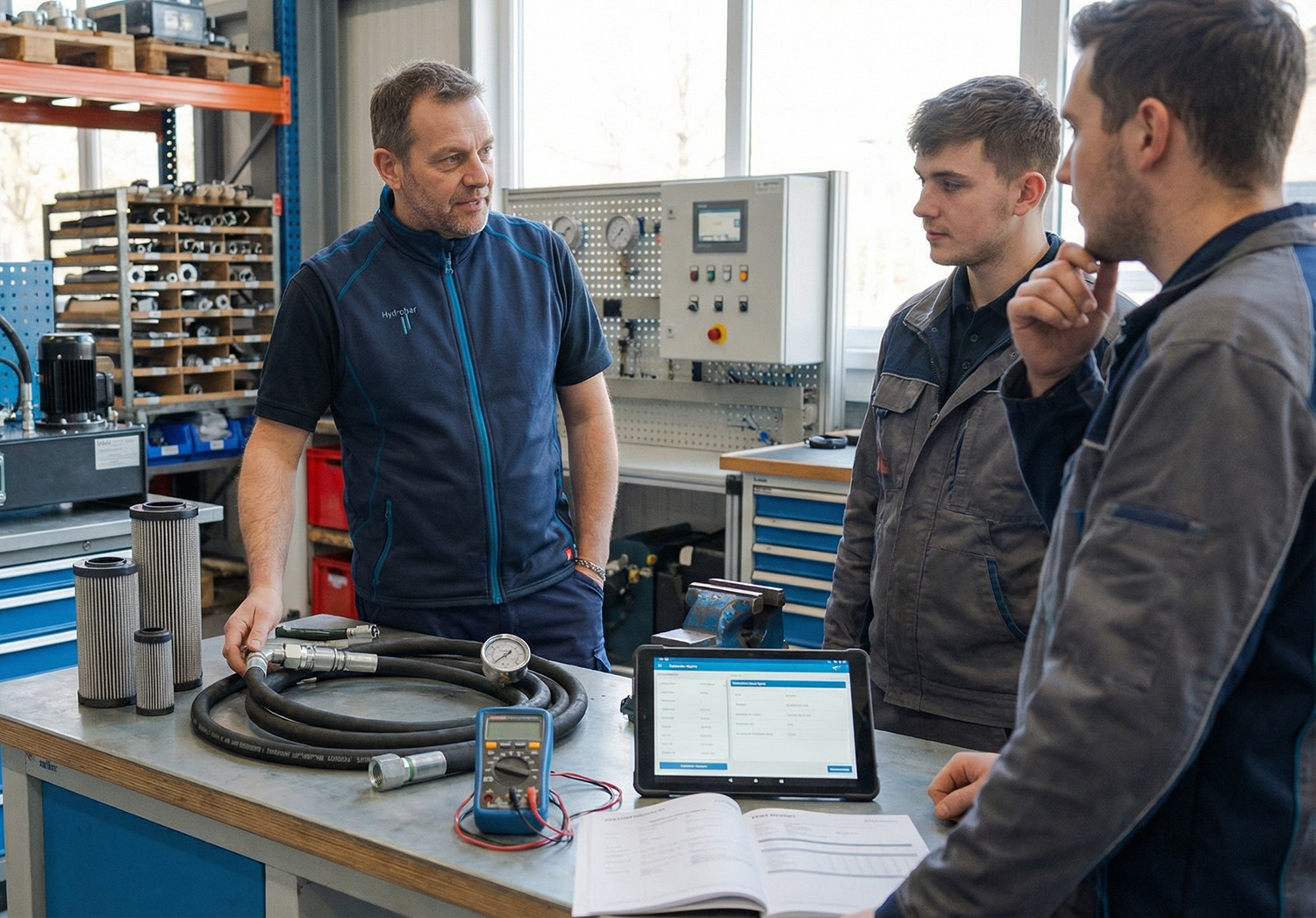 Trainer erklärt Hydraulikkomponenten während individueller Schulung
