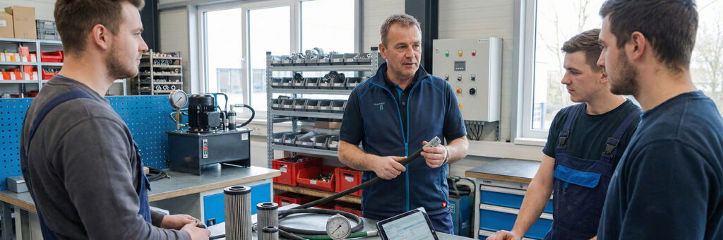 Hydrauliktrainer erklärt Schlauch und Komponenten bei Inhouse-Schulung
