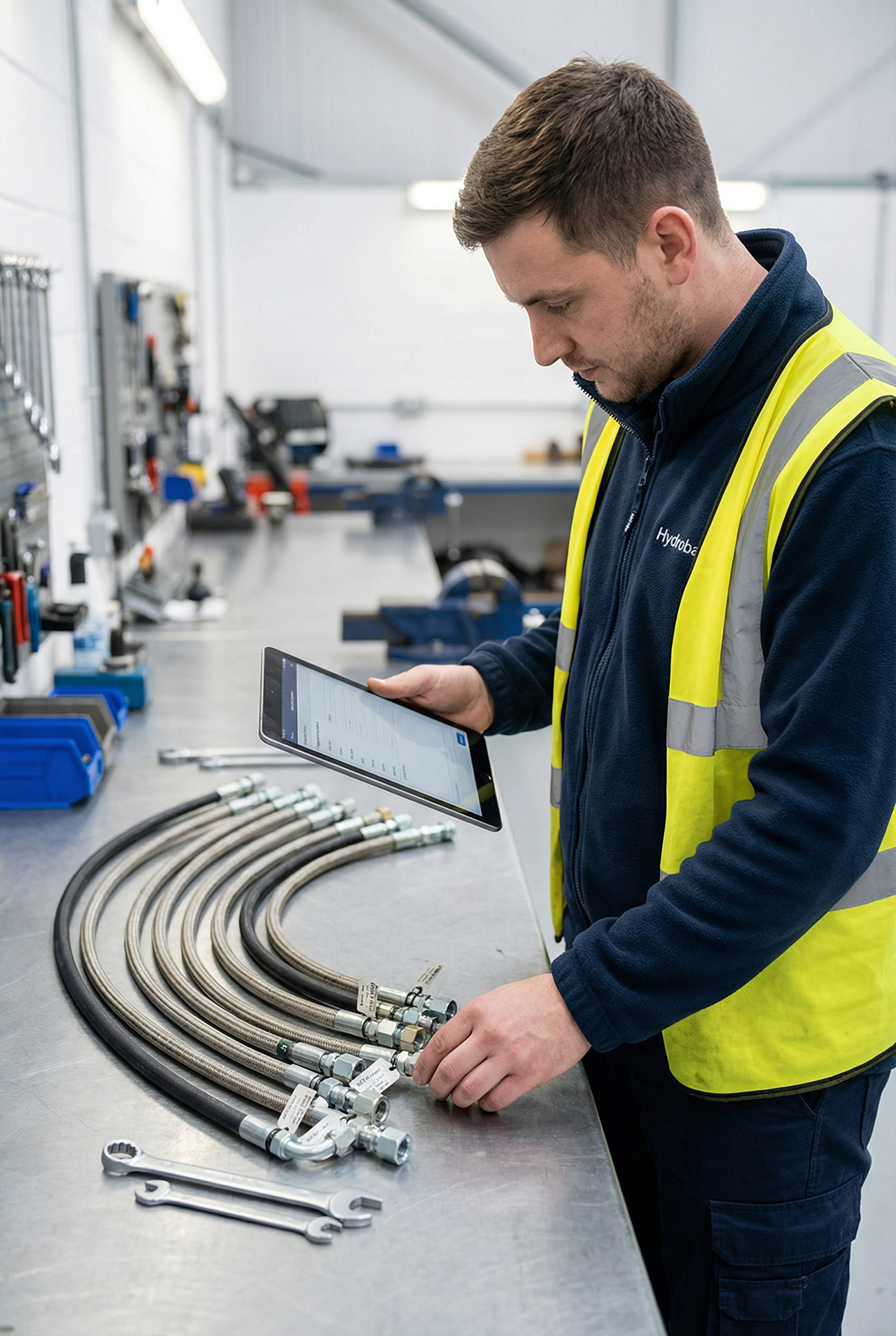 Servicetechniker prüft Hydraulikschläuche mit Tablet auf einer Werkbank im Rahmen eines Hydraulikschlauch-Service.
