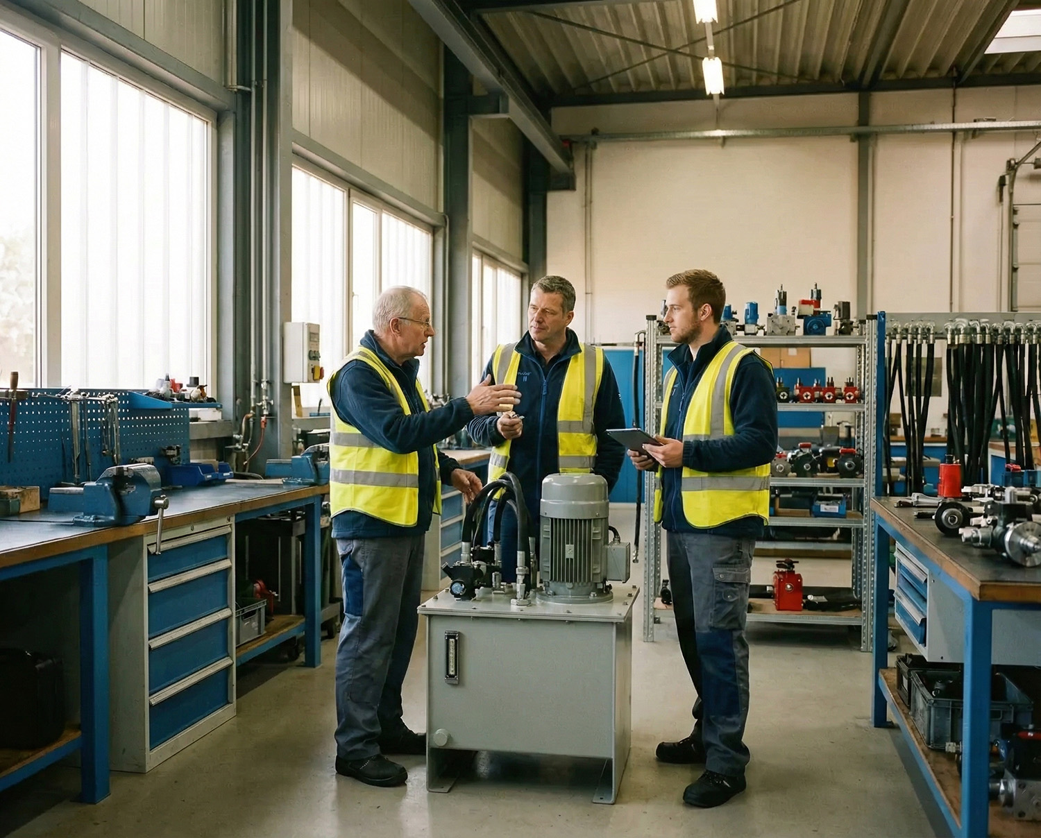 Hydrobar Mitarbeiter besprechen Hydraulikanlage in der Werkstatt