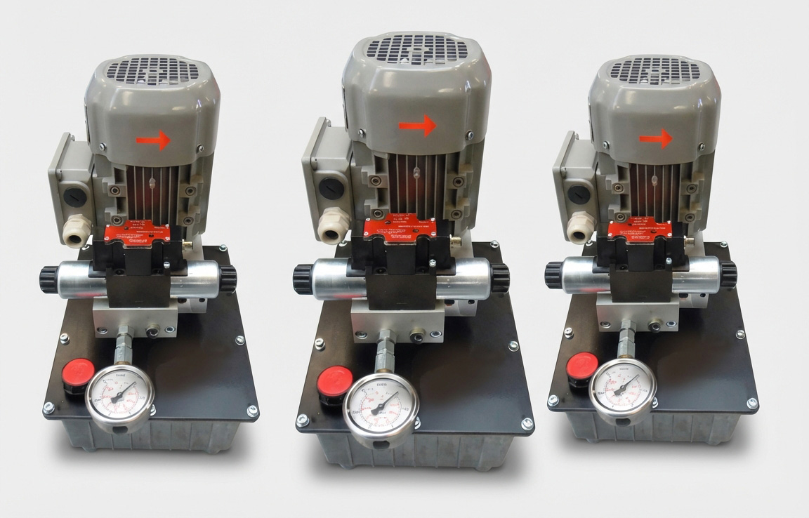 Hydrobar Kompakt-Hydraulikaggregate mit Elektromotor, Hydraulikpumpe und Manometer.