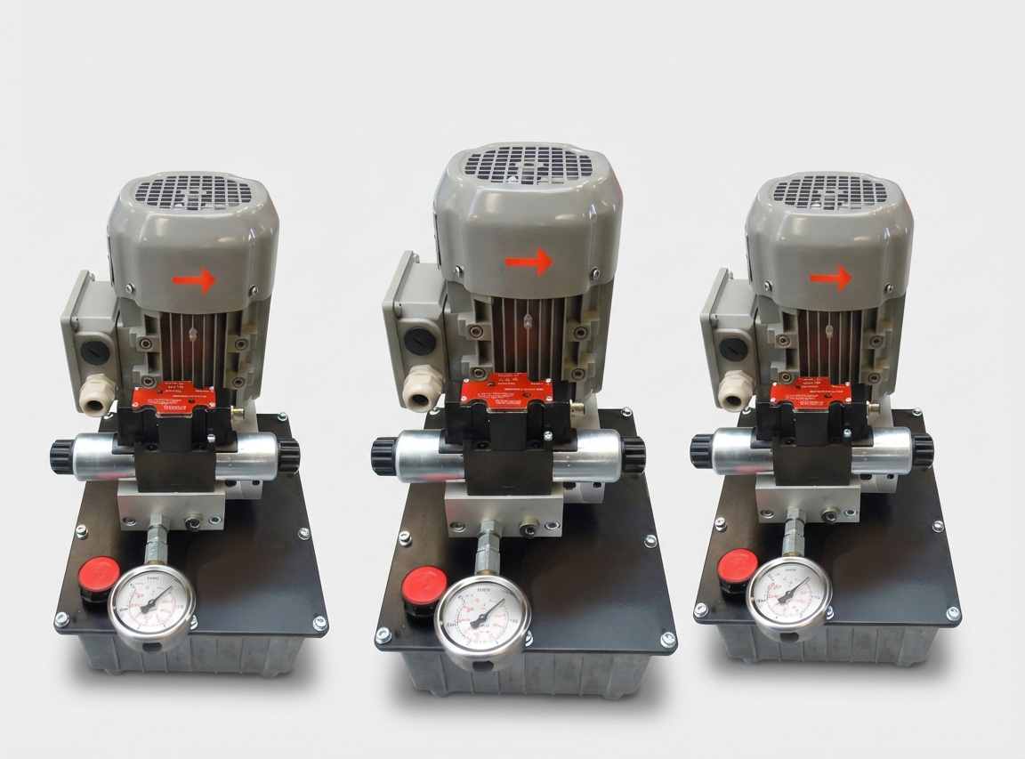 Hydrobar kompakte Hydraulikaggregate im Mehrfachaufbau als Druckeinheit mit Elektromotor, Hydraulikpumpe und Manometer.