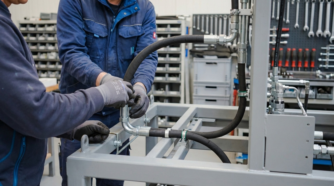 Fachkräfte montieren Hydraulikschlauch an einer Hydraulikanlage