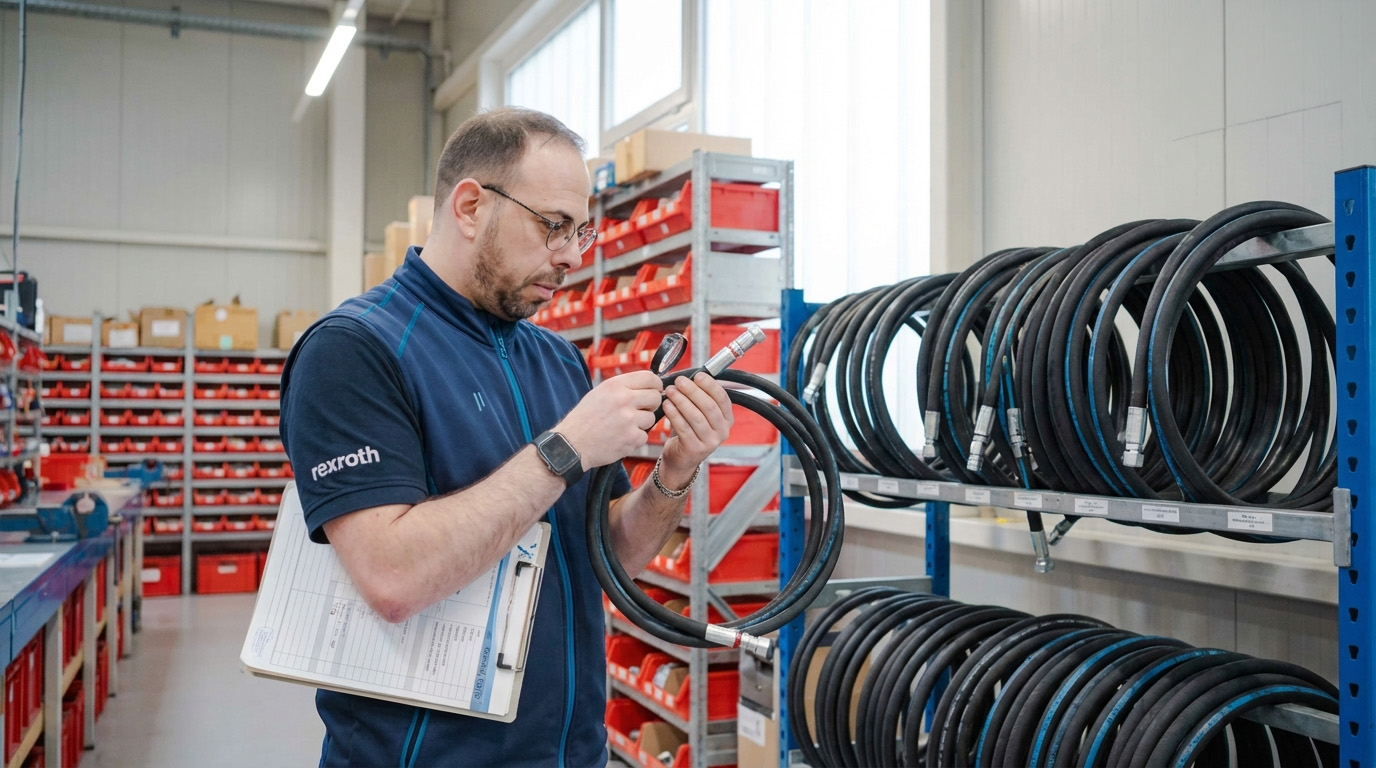 Fachkraft prüft Hydraulikschlauch für präventive Instandhaltung