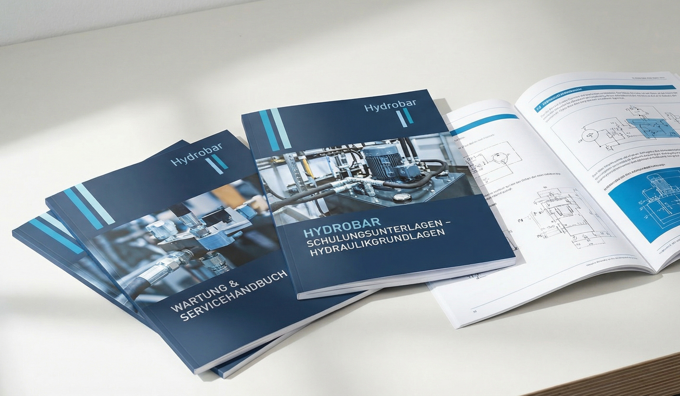 Hydrobar Schulungsunterlagen und Hydraulik-Handbücher auf einem Tisch