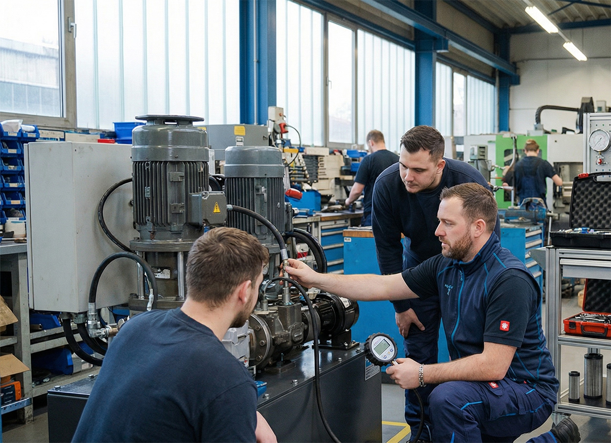 Trainer erklärt Hydraulikanlage während praktischer Schulung