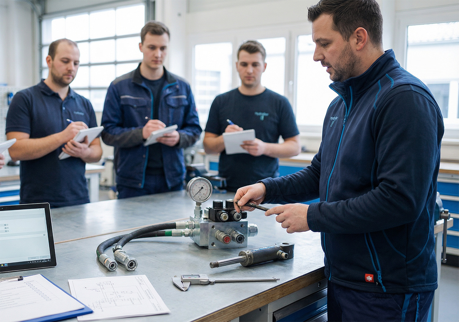 Trainer erklärt Hydraulikkomponenten in einer praxisnahen Hydraulik-Schulung.