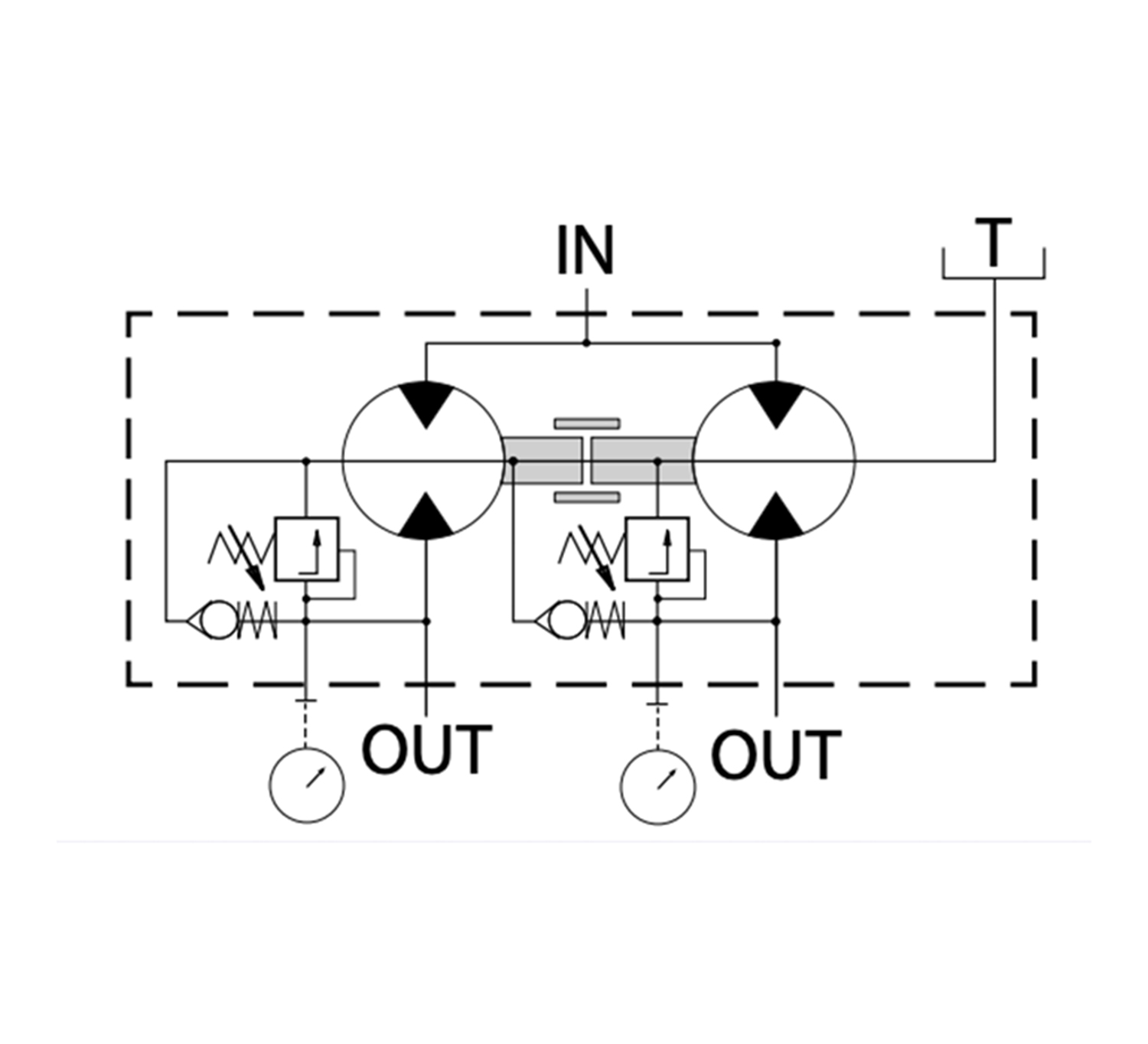 Hydraulik-Mengenteiler mit Nachsaugfunktion und zwei Ausgängen im Hydraulikschema