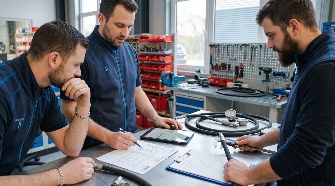 Techniker prüfen Hydraulikschlauchleitungen und dokumentieren Prüfergebnisse